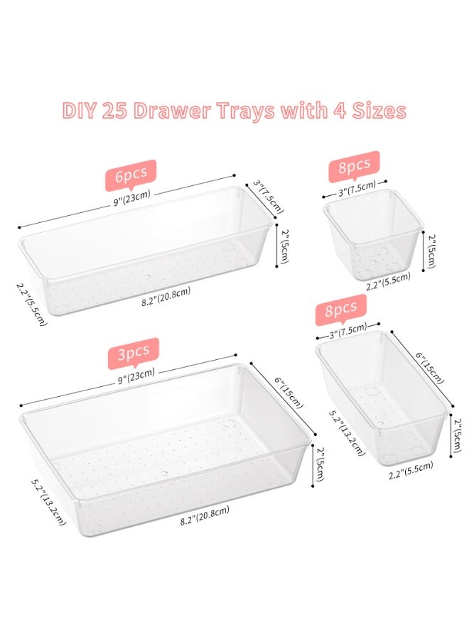 LODROC 25 PCS Plastic Drawer Organizers Set, 4 Sizes Vanity Organizer, Makeup and Desk Drawer Organizer Trays, Organization and Storage for Makeup Jewelry Office Kitchen Gadgets (Clear) - Image 2